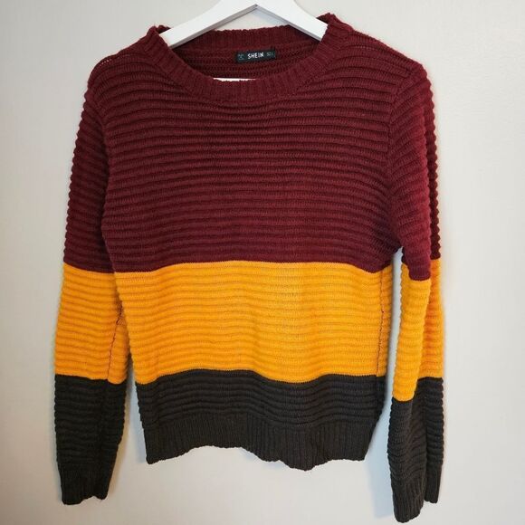 SHEIN Sweater Colorblock Stripe Red Yellow Green Knit Business Casual Fall Cute - Picture 1 of 6